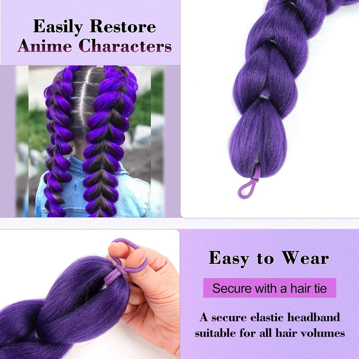 Purple Braided Cosplay Hair Extension, Long Clip In Fantasy Braid Hairpiece, Anime Style Costume Wig Accessory for Halloween Party