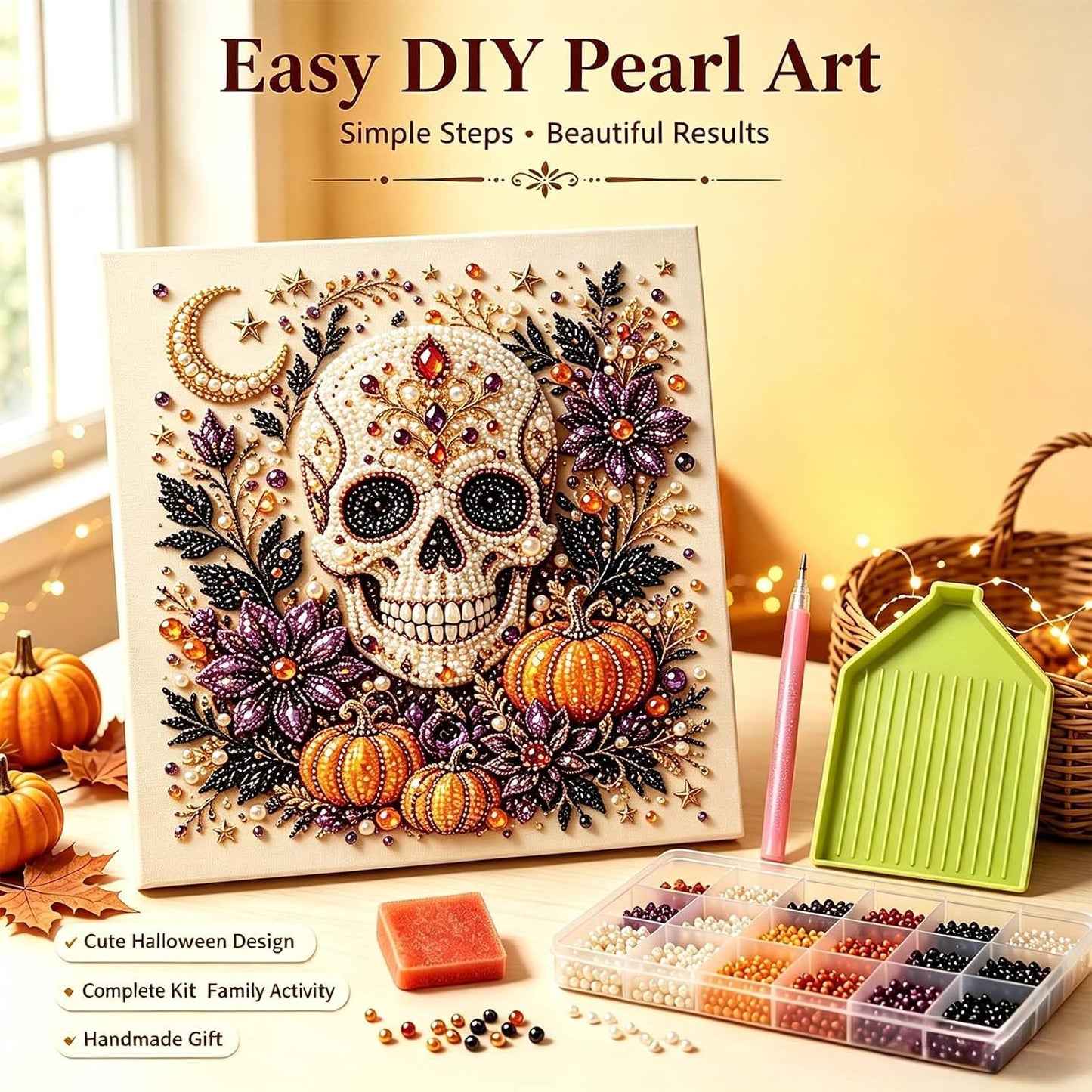 Halloween Ghost Pearl Art DIY Kit, Cute Ghost Bead Craft Set, Creative Handmade Halloween Decoration & Art Activity Kit for Kids, Teens and Adults