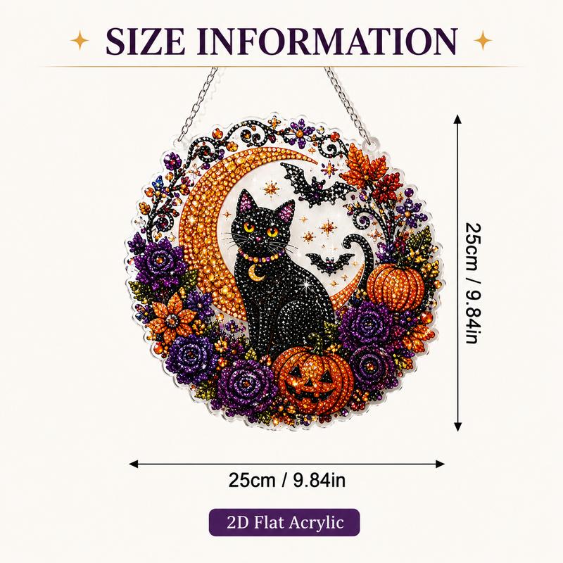 Halloween Diamond Painting Hanging Decor, Black Cat Moon Crystal Art Kit, DIY Rhinestone Craft Wall Decoration, Spooky Pumpkin Bat Home Decor