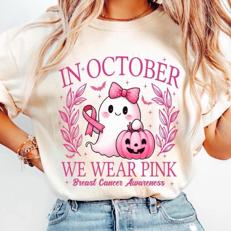 Pink Ghost Halloween Shirt for Women, Cute Breast Cancer Awareness T Shirt, October Pink Ribbon Ghost Pumpkin Graphic Tee, Fall Spooky Gift
