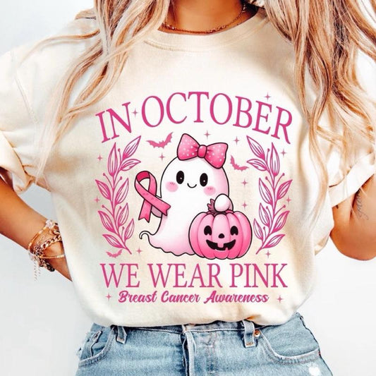 Pink Ghost Halloween Shirt for Women, Cute Breast Cancer Awareness T Shirt, October Pink Ribbon Ghost Pumpkin Graphic Tee, Fall Spooky Gift