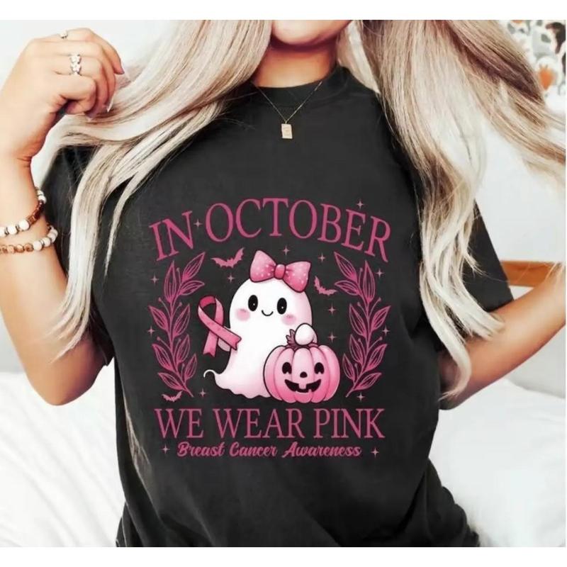 Pink Ghost Halloween Shirt for Women, Cute Breast Cancer Awareness T Shirt, October Pink Ribbon Ghost Pumpkin Graphic Tee, Fall Spooky Gift