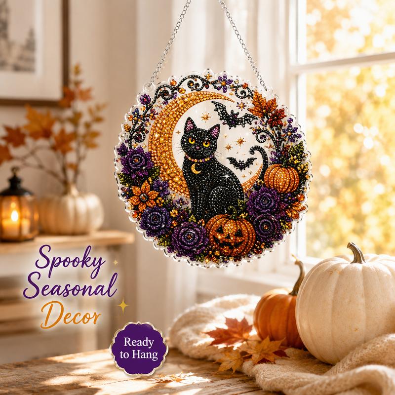 Halloween Diamond Painting Hanging Decor, Black Cat Moon Crystal Art Kit, DIY Rhinestone Craft Wall Decoration, Spooky Pumpkin Bat Home Decor