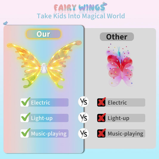 Light Up Fairy Wings for Kids, LED Butterfly Wings with Music, Glowing Princess Costume Accessory, Halloween Party Dress Up Gift