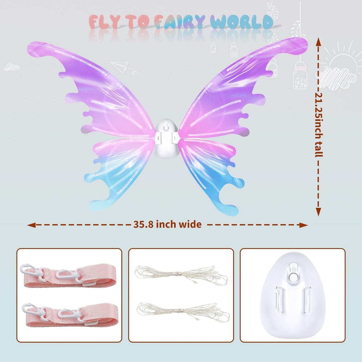 Light Up Fairy Wings for Kids, LED Butterfly Wings with Music, Glowing Princess Costume Accessory, Halloween Party Dress Up Gift