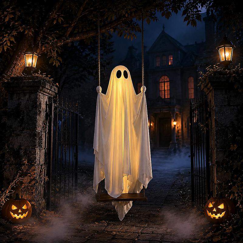 5FT Halloween Swing Ghost Decoration, Outdoor Hanging Ghost Prop with LED Lights, Remote Control Haunted Yard Decor