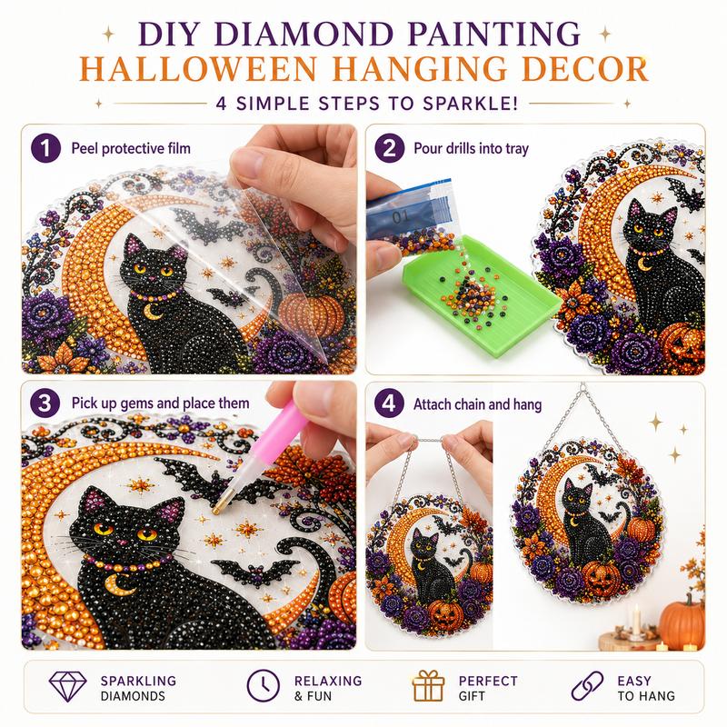 Halloween Diamond Painting Hanging Decor, Black Cat Moon Crystal Art Kit, DIY Rhinestone Craft Wall Decoration, Spooky Pumpkin Bat Home Decor