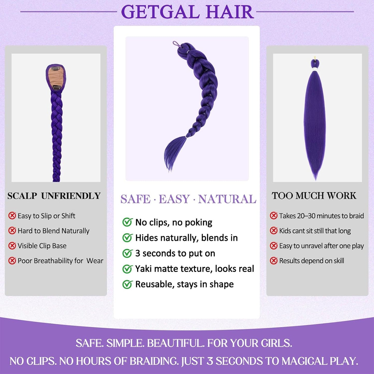 Purple Braided Cosplay Hair Extension, Long Clip In Fantasy Braid Hairpiece, Anime Style Costume Wig Accessory for Halloween Party