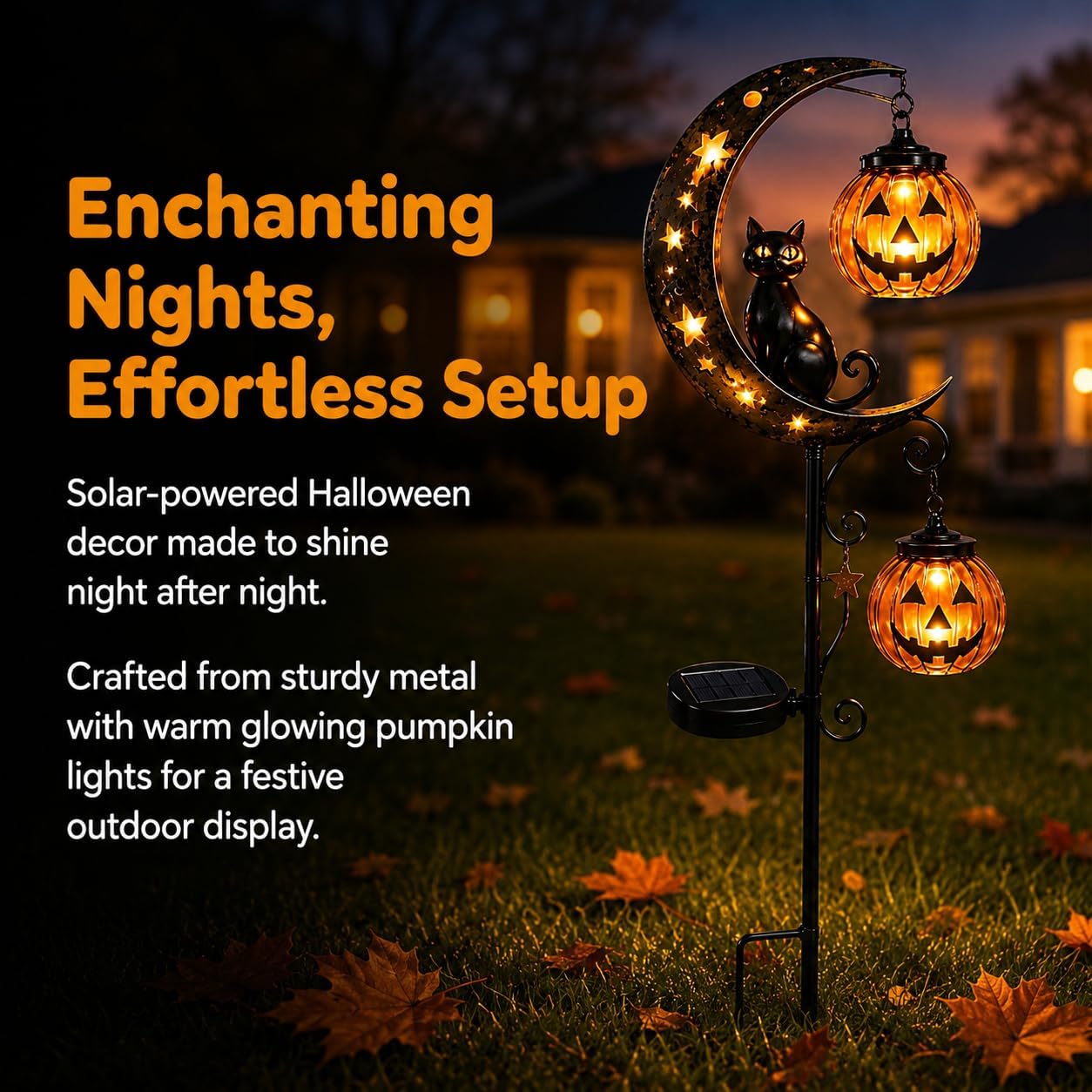 Solar Halloween Garden Light, Black Cat Moon Pumpkin Outdoor Decor, LED Solar Powered Pathway Light for Yard, Porch and Garden