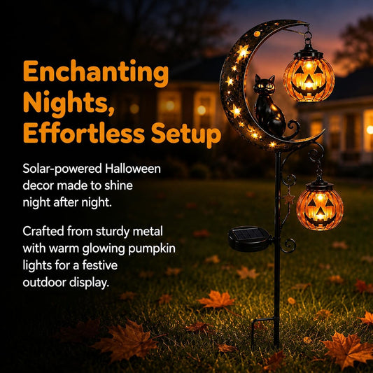 Solar Halloween Garden Light, Black Cat Moon Pumpkin Outdoor Decor, LED Solar Powered Pathway Light for Yard, Porch and Garden