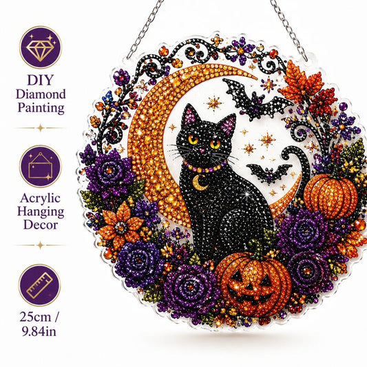 Halloween Diamond Painting Hanging Decor, Black Cat Moon Crystal Art Kit, DIY Rhinestone Craft Wall Decoration, Spooky Pumpkin Bat Home Decor