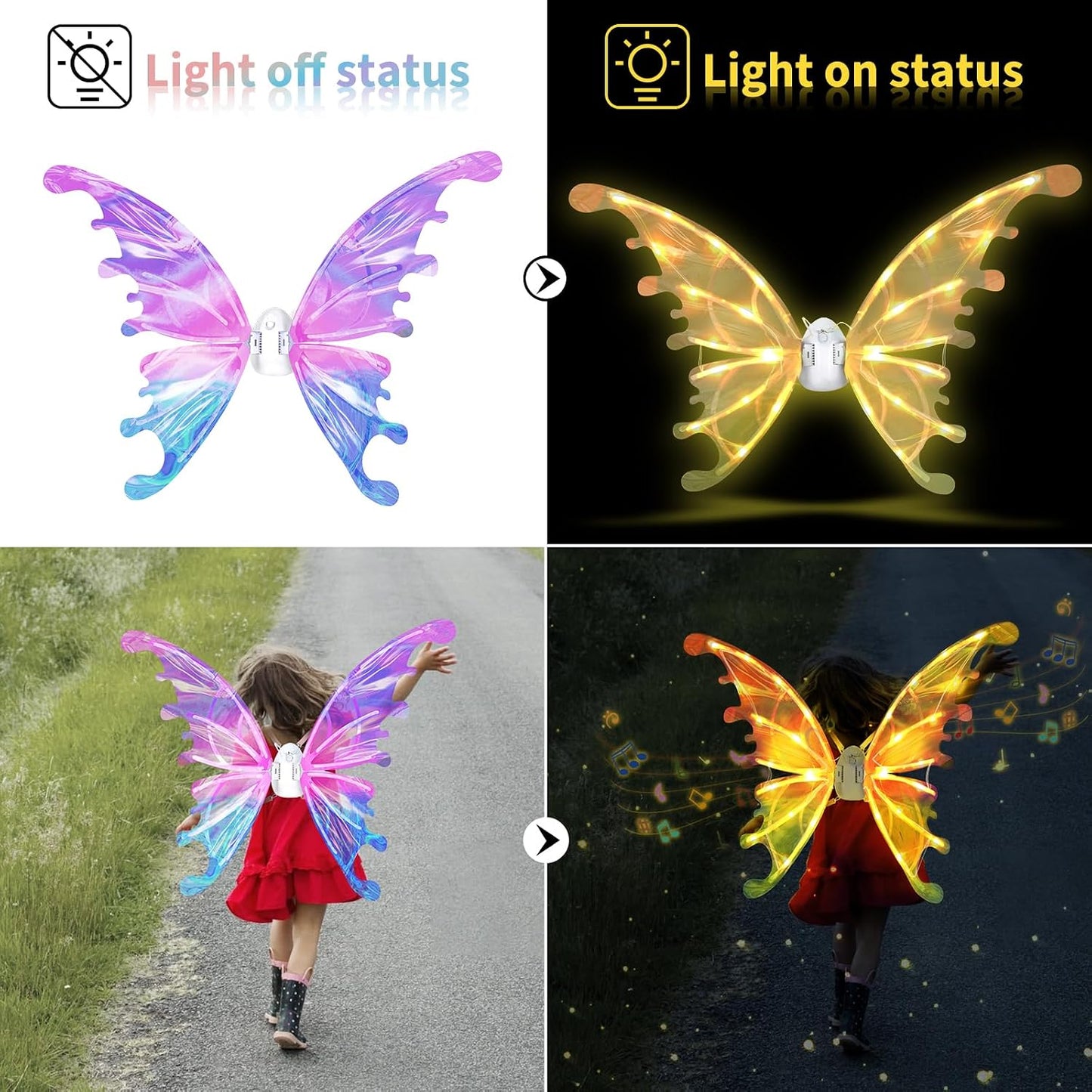 Light Up Fairy Wings for Kids, LED Butterfly Wings with Music, Glowing Princess Costume Accessory, Halloween Party Dress Up Gift