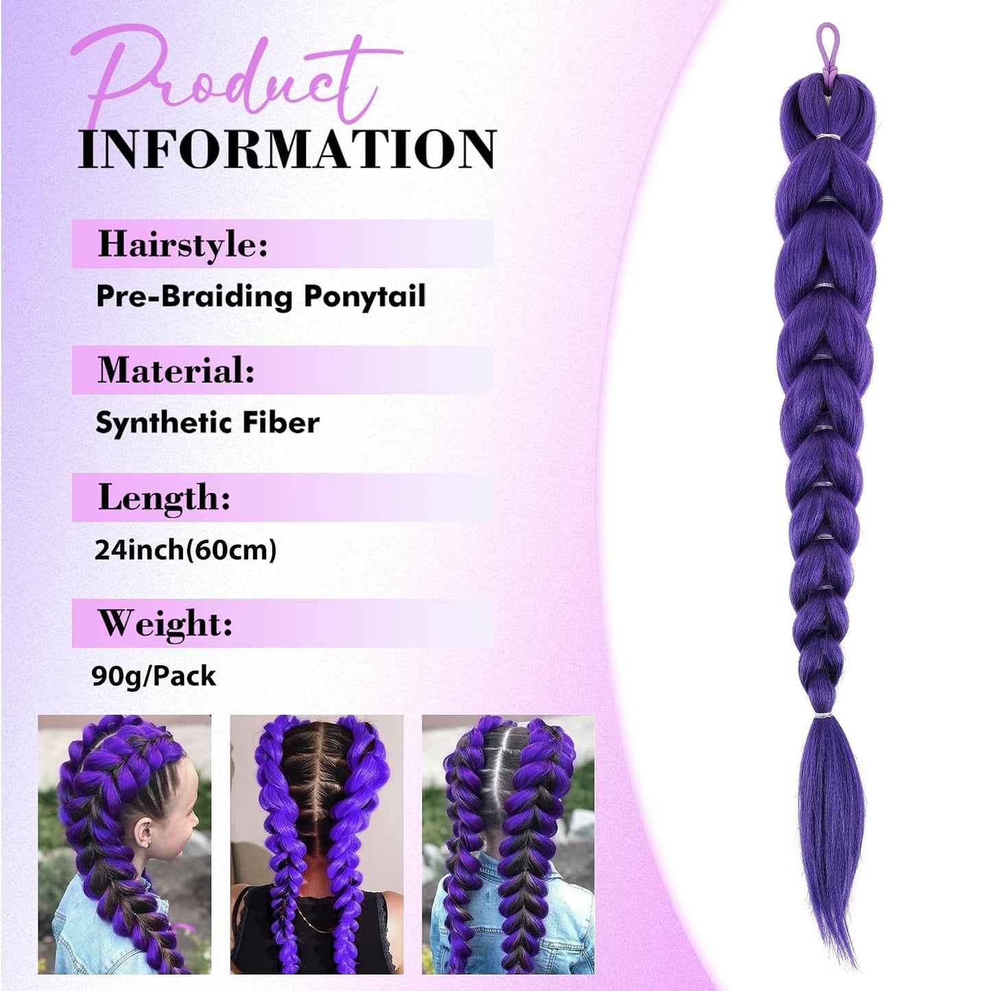 Purple Braided Cosplay Hair Extension, Long Clip In Fantasy Braid Hairpiece, Anime Style Costume Wig Accessory for Halloween Party
