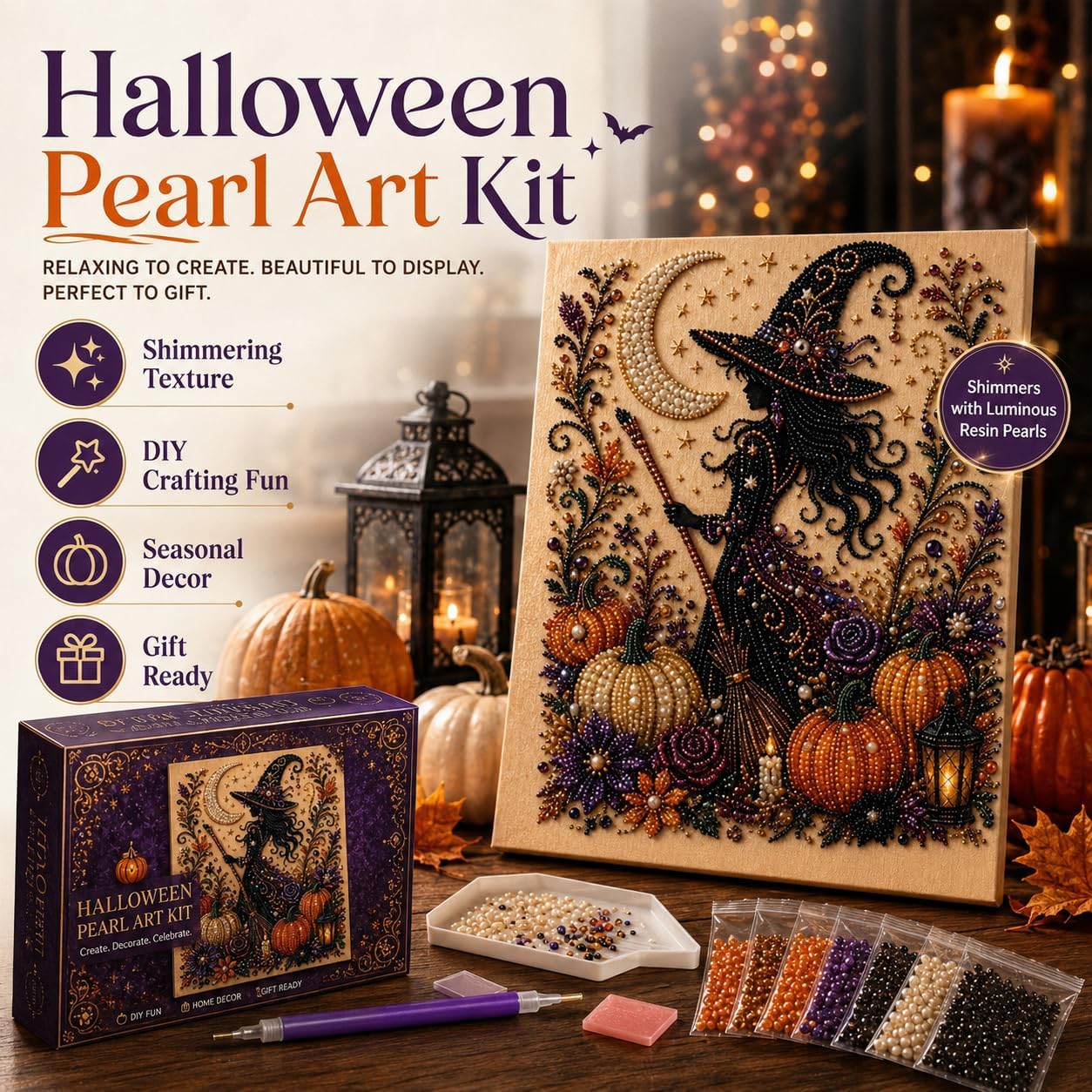 Halloween Ghost Pearl Art DIY Kit, Cute Ghost Bead Craft Set, Creative Handmade Halloween Decoration & Art Activity Kit for Kids, Teens and Adults