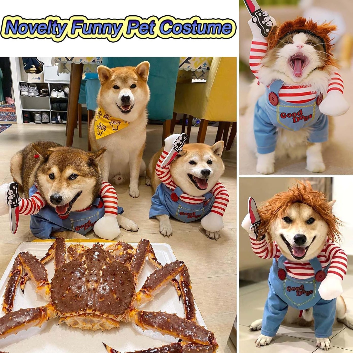 Funny Halloween Pet Costume, Dog and Cat Killer Costume Outfit, Cute Horror Pet Costume Clothes, Halloween Party Photo Props