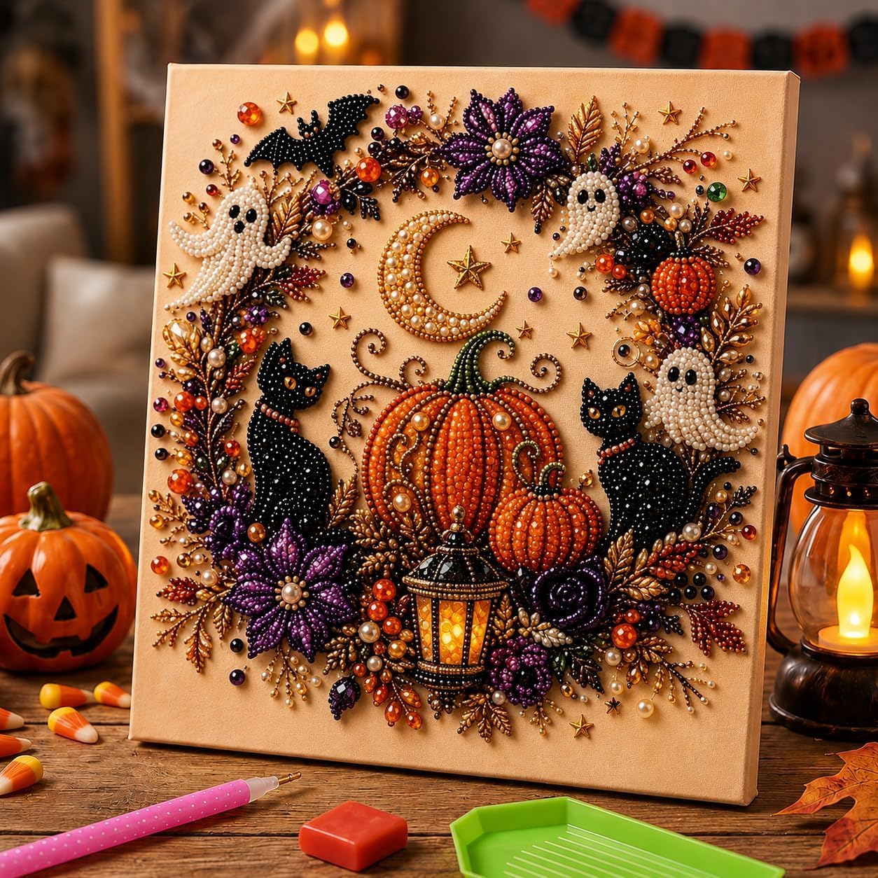 Halloween Ghost Pearl Art DIY Kit, Cute Ghost Bead Craft Set, Creative Handmade Halloween Decoration & Art Activity Kit for Kids, Teens and Adults