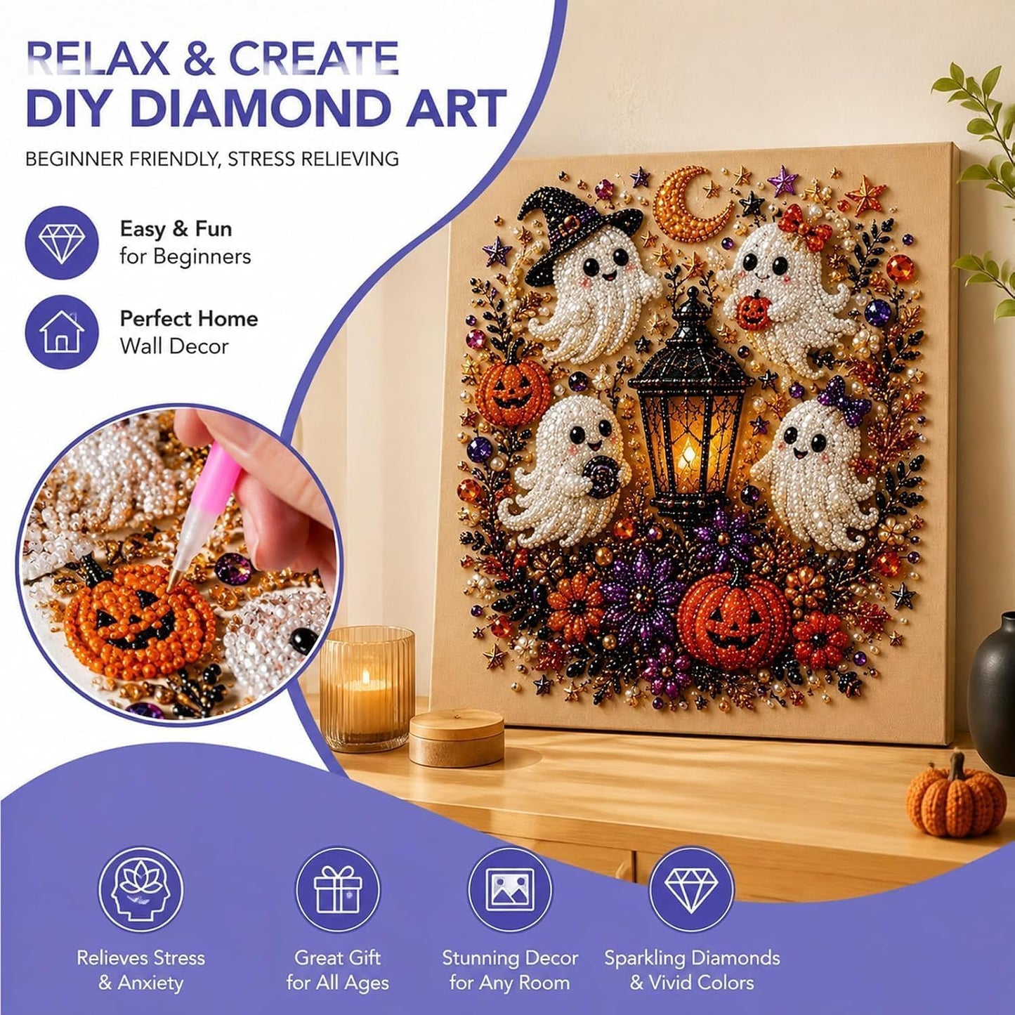 Halloween Ghost Pearl Art DIY Kit, Cute Ghost Bead Craft Set, Creative Handmade Halloween Decoration & Art Activity Kit for Kids, Teens and Adults