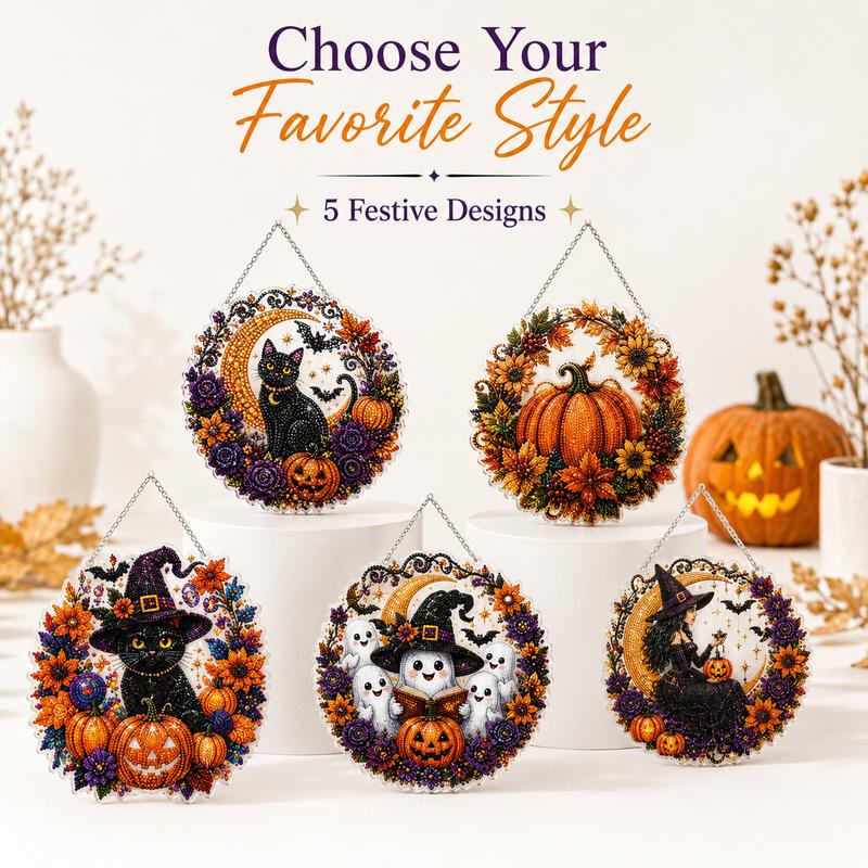 Halloween Diamond Painting Hanging Decor, Black Cat Moon Crystal Art Kit, DIY Rhinestone Craft Wall Decoration, Spooky Pumpkin Bat Home Decor