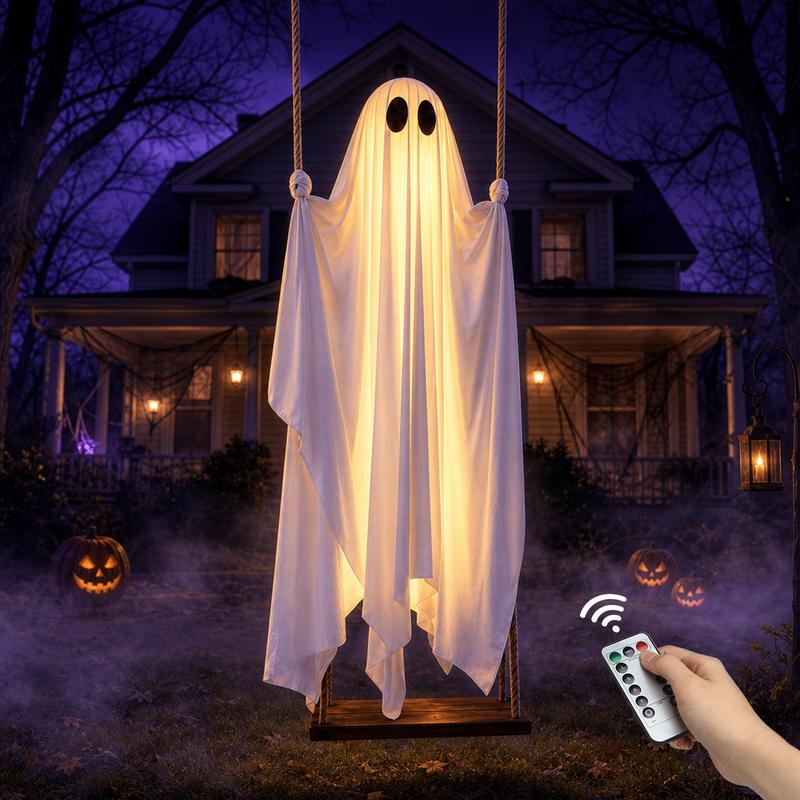 5FT Halloween Swing Ghost Decoration, Outdoor Hanging Ghost Prop with LED Lights, Remote Control Haunted Yard Decor