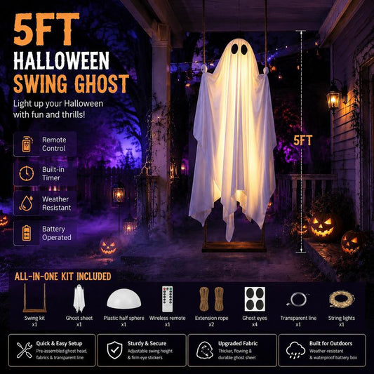 5FT Halloween Swing Ghost Decoration, Outdoor Hanging Ghost Prop with LED Lights, Remote Control Haunted Yard Decor