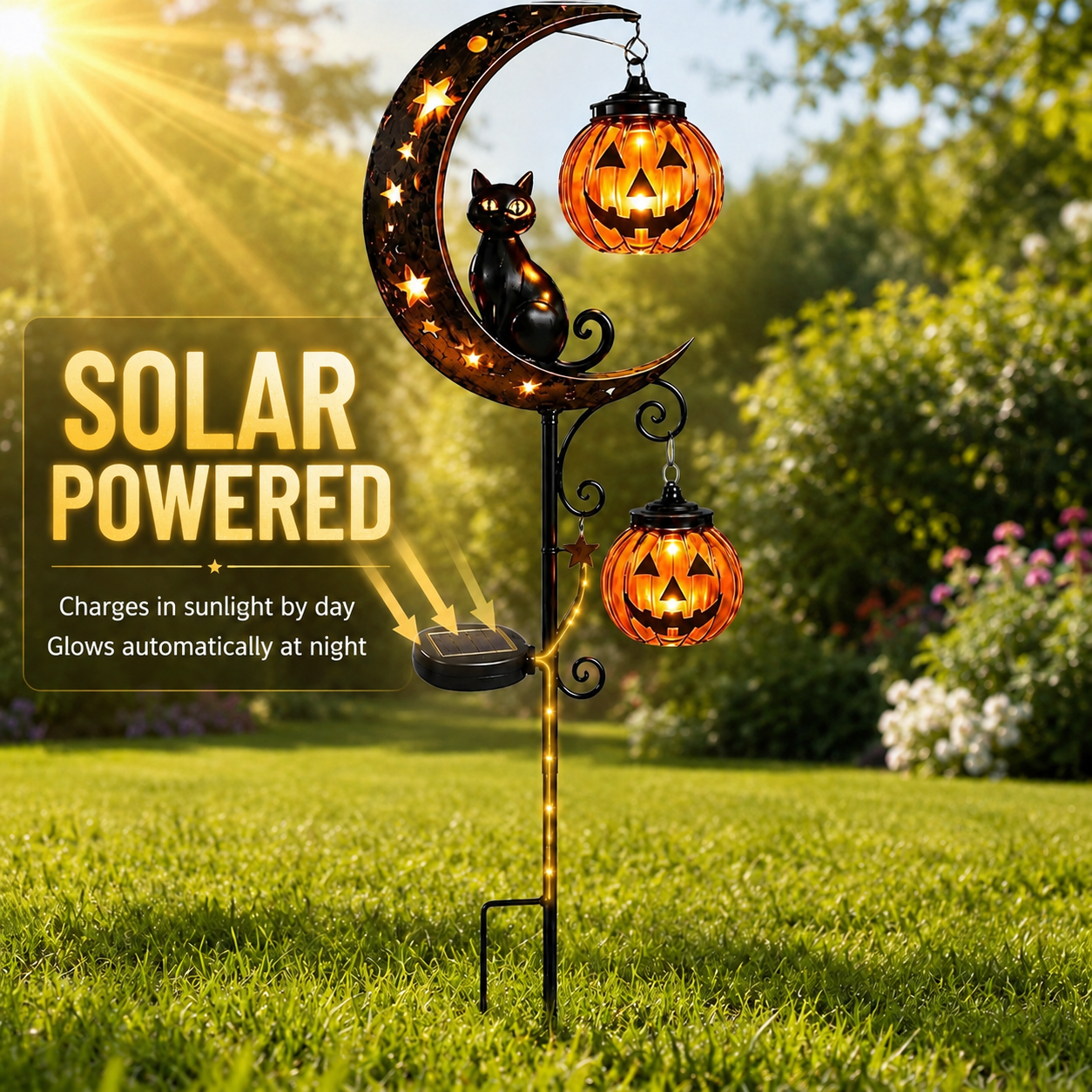 Solar Halloween Garden Light, Black Cat Moon Pumpkin Outdoor Decor, LED Solar Powered Pathway Light for Yard, Porch and Garden
