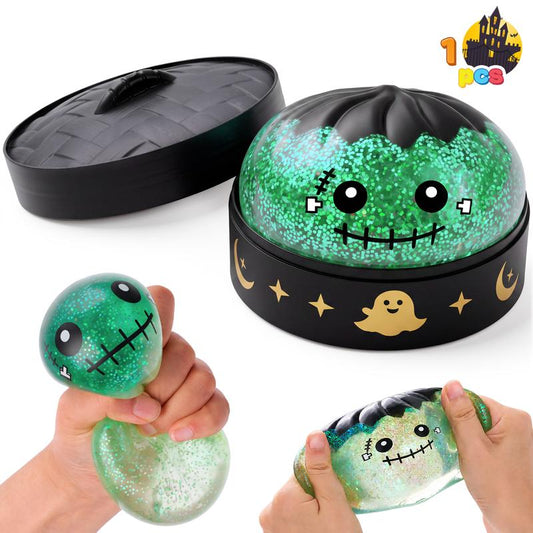 Halloween Squishy Toy, Glitter Frankenstein Stress Relief Fidget Toy, Cute Spooky Sensory Squeeze Toy for Kids and Adults