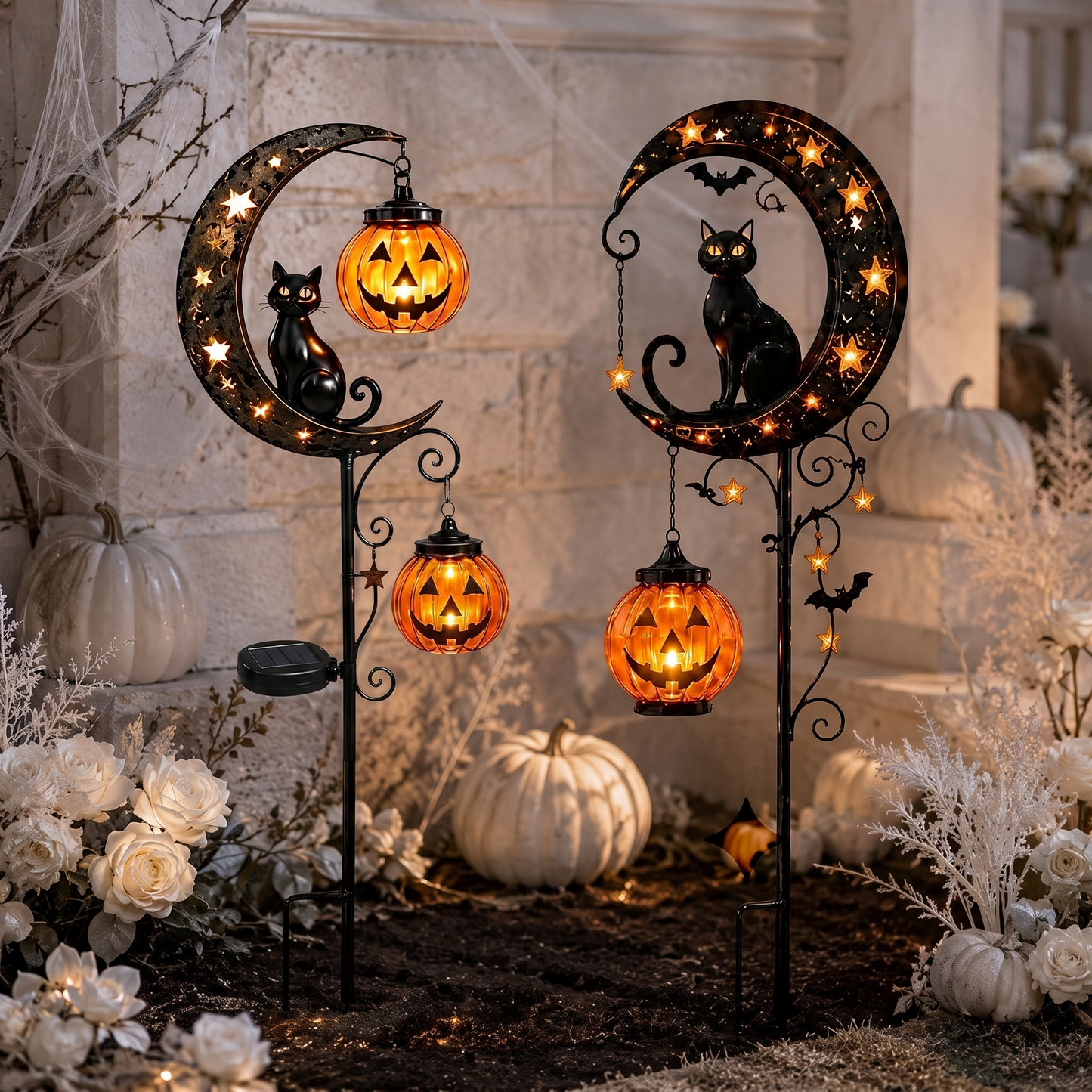 Solar Halloween Garden Light, Black Cat Moon Pumpkin Outdoor Decor, LED Solar Powered Pathway Light for Yard, Porch and Garden