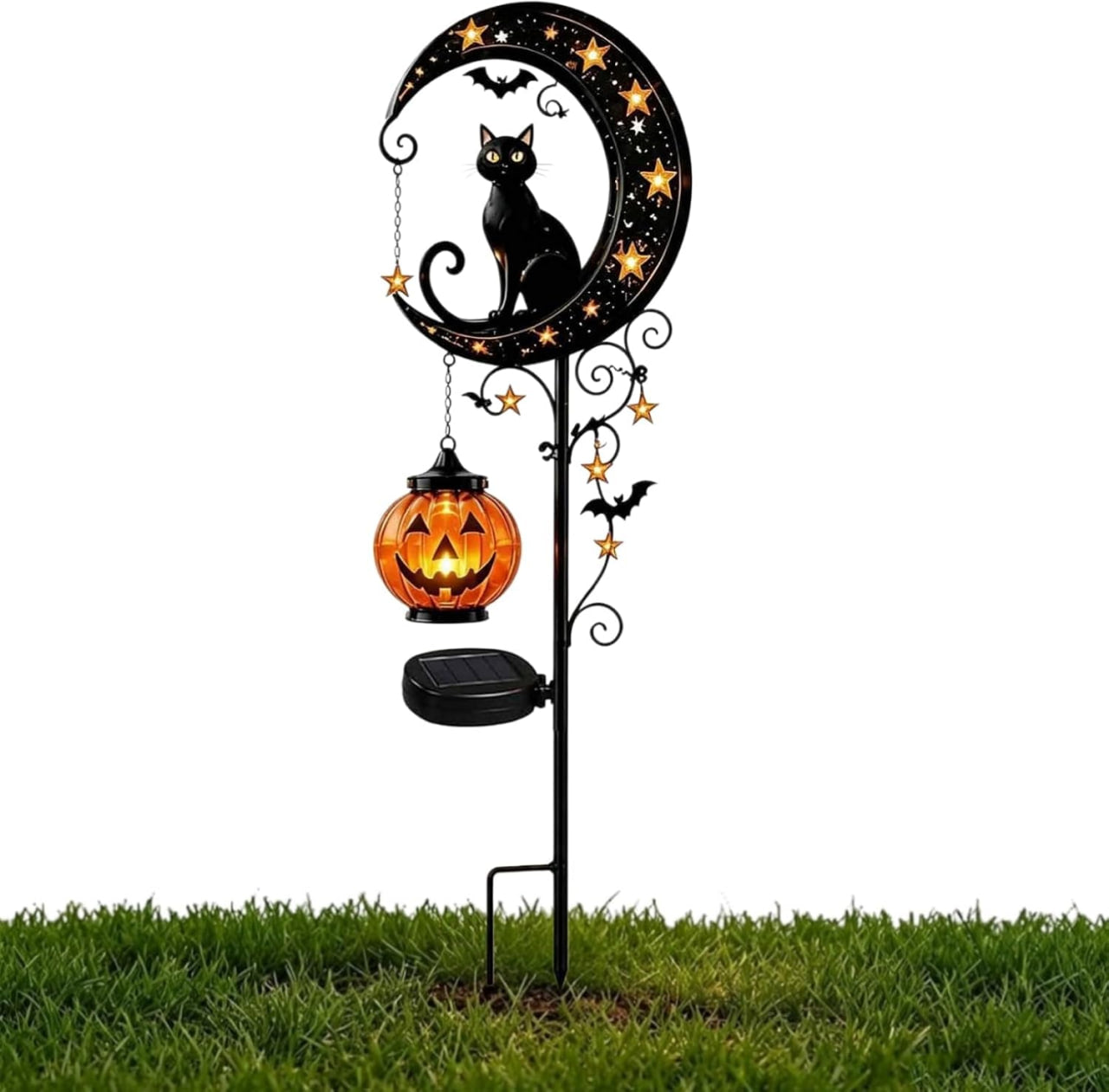 Solar Halloween Garden Light, Black Cat Moon Pumpkin Outdoor Decor, LED Solar Powered Pathway Light for Yard, Porch and Garden