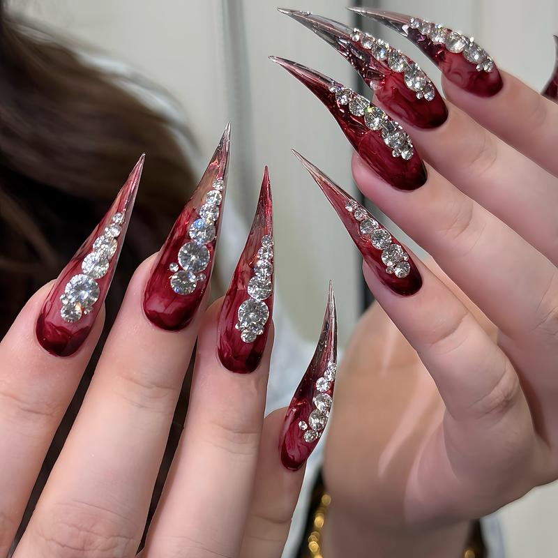Burgundy Rhinestone Stiletto Nails