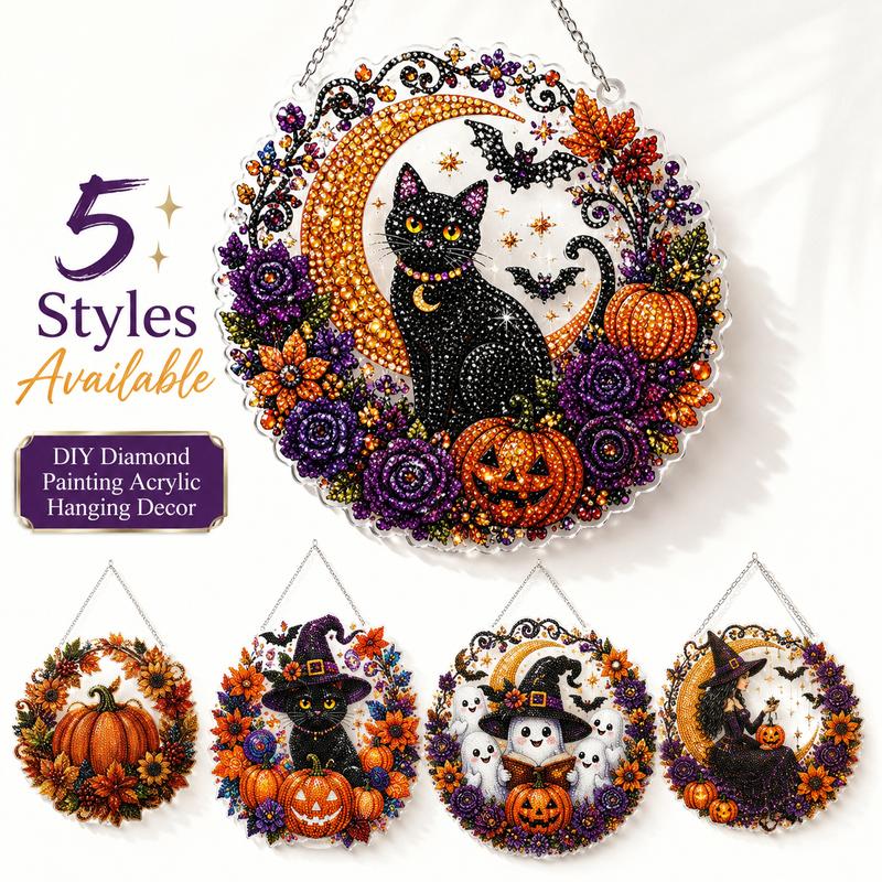 Halloween Diamond Painting Hanging Decor, Black Cat Moon Crystal Art Kit, DIY Rhinestone Craft Wall Decoration, Spooky Pumpkin Bat Home Decor