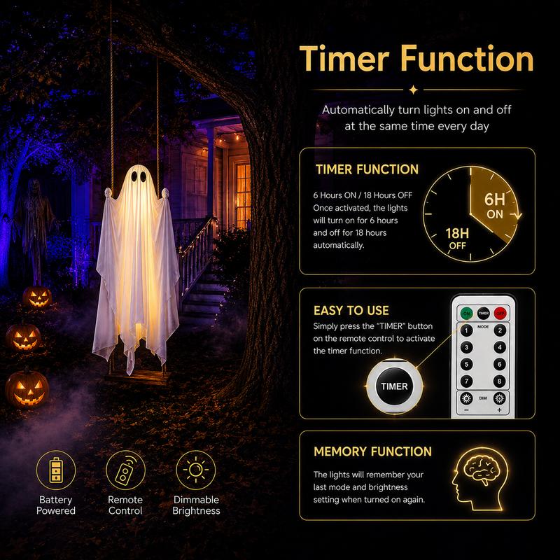 5FT Halloween Swing Ghost Decoration, Outdoor Hanging Ghost Prop with LED Lights, Remote Control Haunted Yard Decor