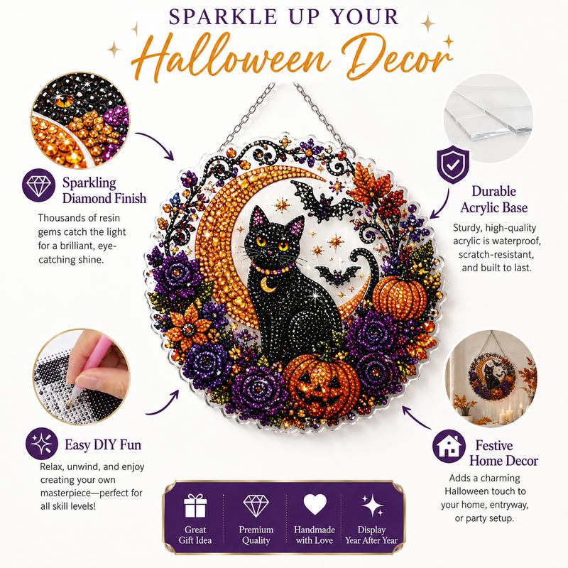Halloween Diamond Painting Hanging Decor, Black Cat Moon Crystal Art Kit, DIY Rhinestone Craft Wall Decoration, Spooky Pumpkin Bat Home Decor