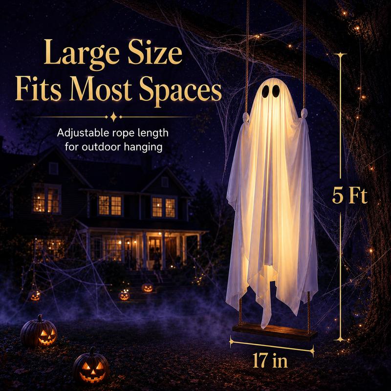 5FT Halloween Swing Ghost Decoration, Outdoor Hanging Ghost Prop with LED Lights, Remote Control Haunted Yard Decor