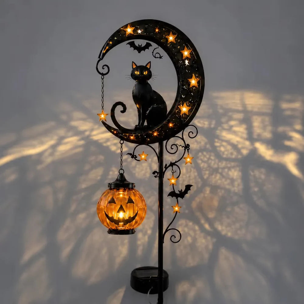 Solar Halloween Garden Light, Black Cat Moon Pumpkin Outdoor Decor, LED Solar Powered Pathway Light for Yard, Porch and Garden