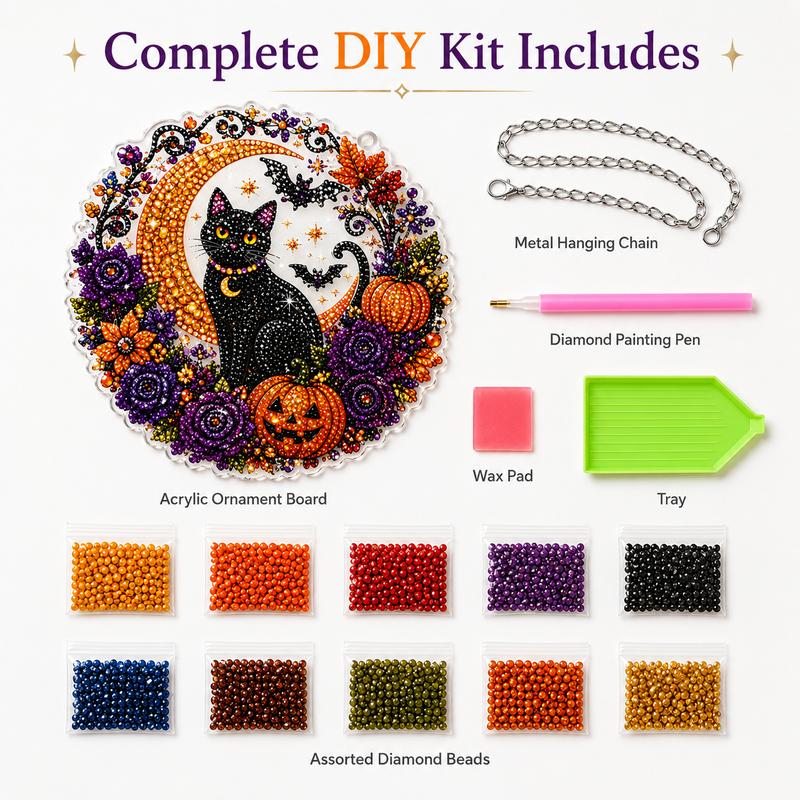Halloween Diamond Painting Hanging Decor, Black Cat Moon Crystal Art Kit, DIY Rhinestone Craft Wall Decoration, Spooky Pumpkin Bat Home Decor
