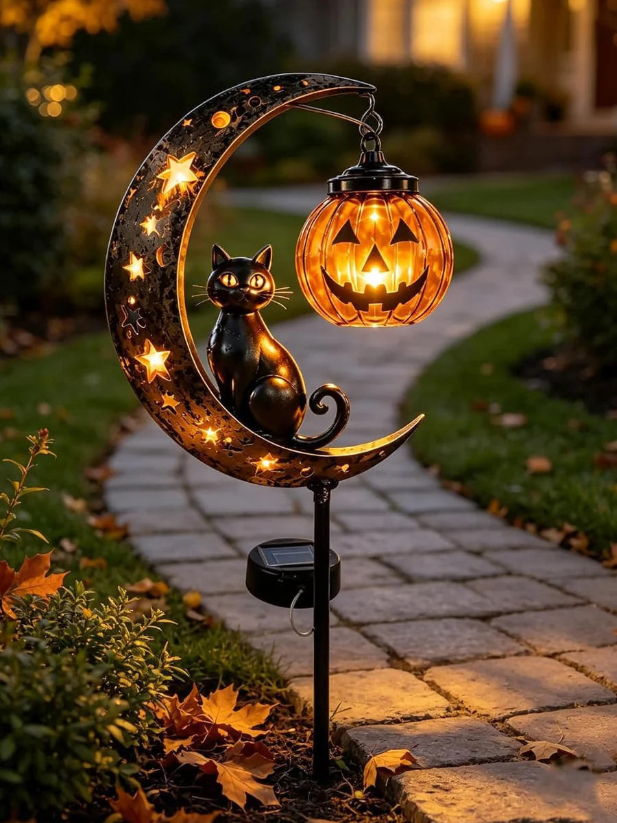 Solar Halloween Garden Light, Black Cat Moon Pumpkin Outdoor Decor, LED Solar Powered Pathway Light for Yard, Porch and Garden