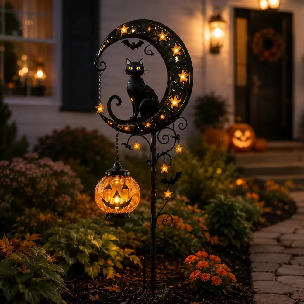 Solar Halloween Garden Light, Black Cat Moon Pumpkin Outdoor Decor, LED Solar Powered Pathway Light for Yard, Porch and Garden
