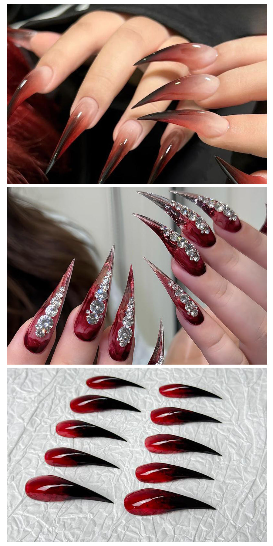 Burgundy Rhinestone Stiletto Nails