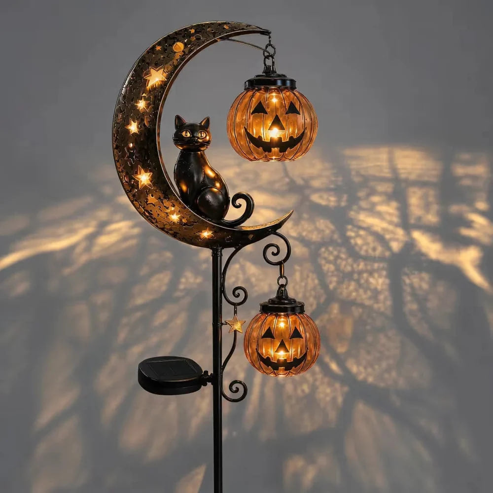 Solar Halloween Garden Light, Black Cat Moon Pumpkin Outdoor Decor, LED Solar Powered Pathway Light for Yard, Porch and Garden